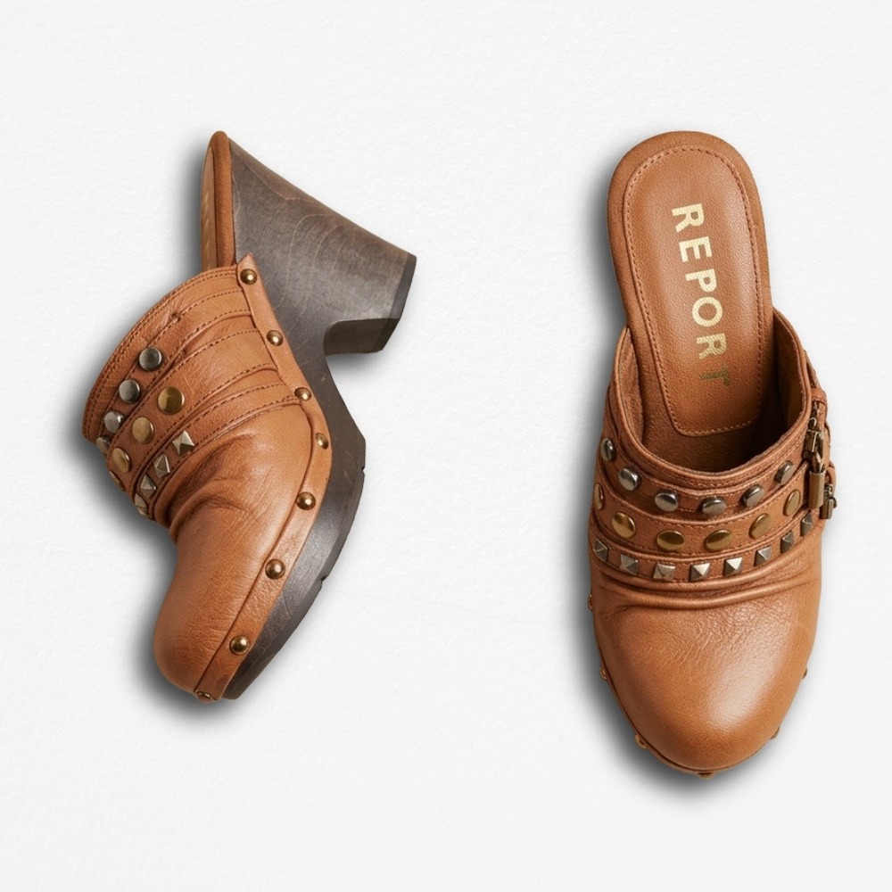 Report Tan Leather‎ Studded Buckle Clogs Wood Block Heel Mules Womens 7